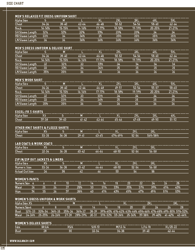 Bulwark Size Chart